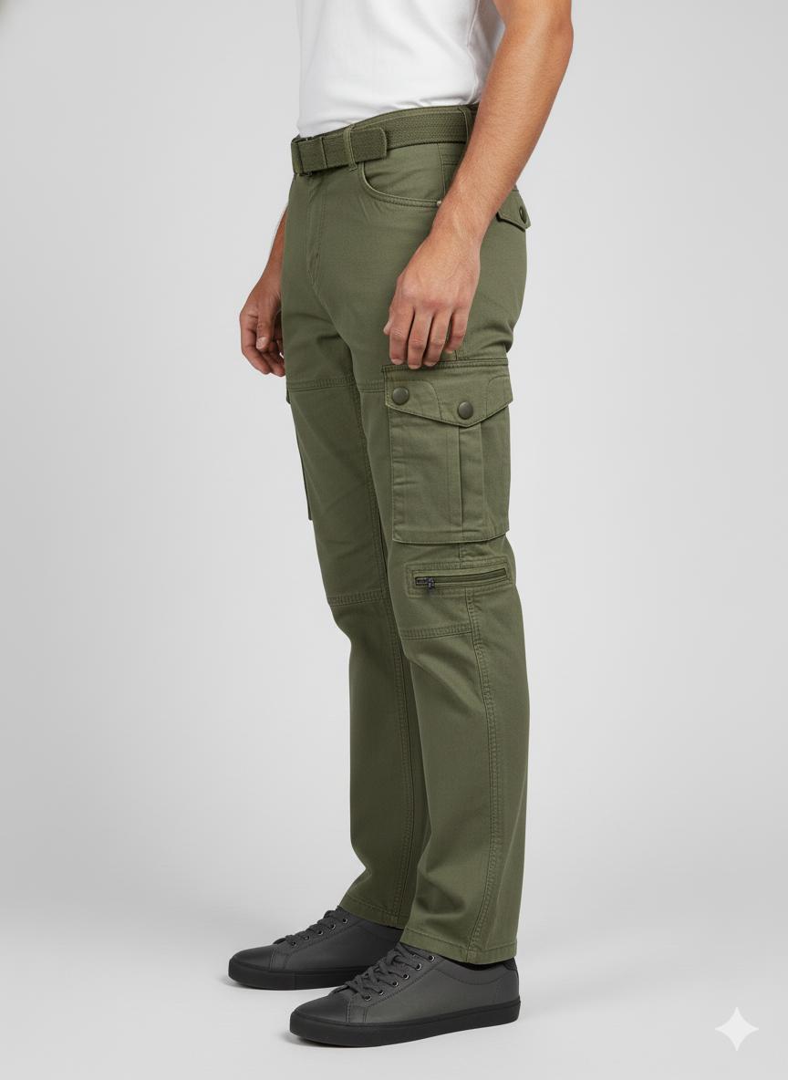 Olive green cargo pants featuring a matching fabric belt