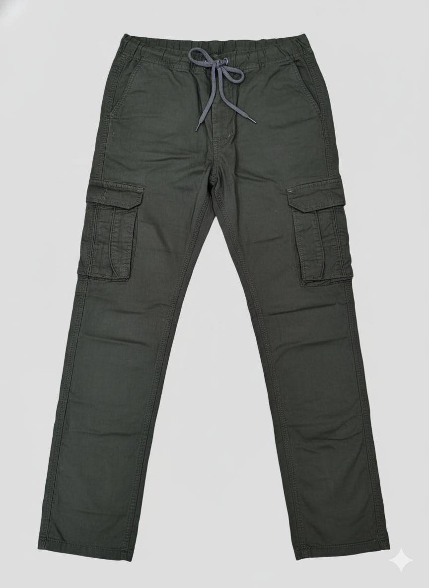 Black cargo pants featuring a matching fabric belt,