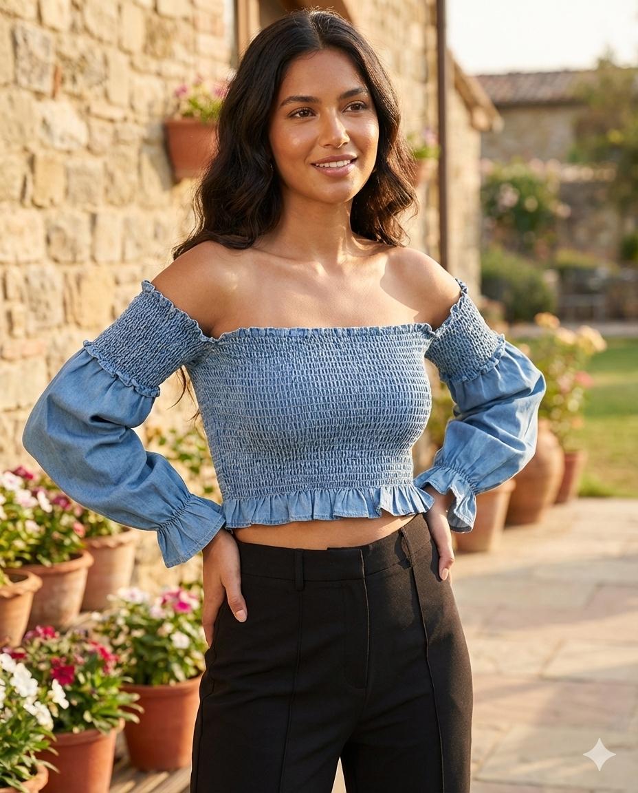 Off Shoulder Flounce Sleeves Smocked Fitted Crop Top