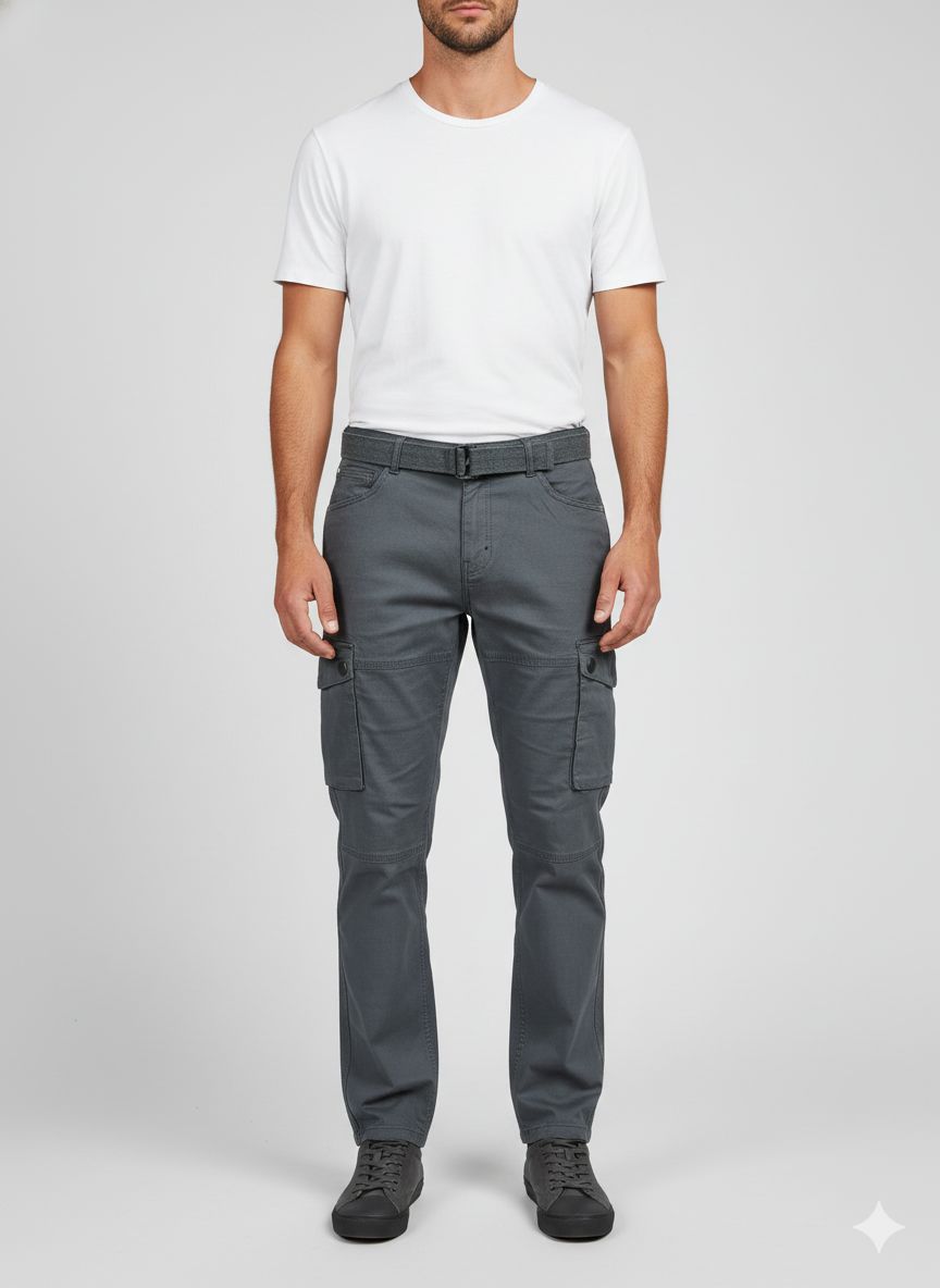Light blue cargo pants featuring a matching fabric belt