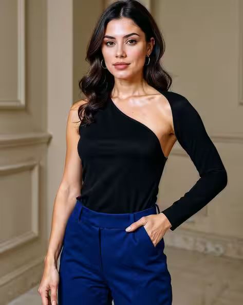 Bold Asymmetrical Neck Cut-Out Shoulder Fitted Leotard Top