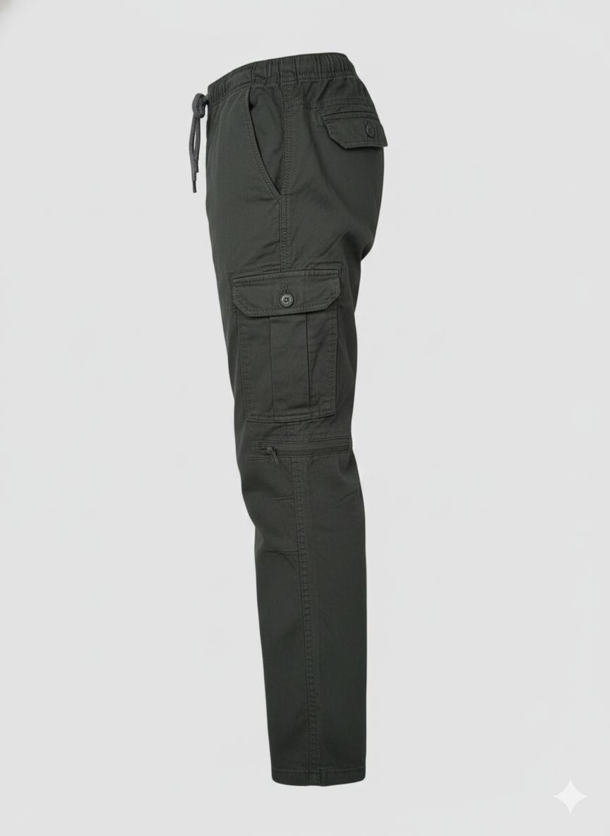 Black cargo pants featuring a matching fabric belt,