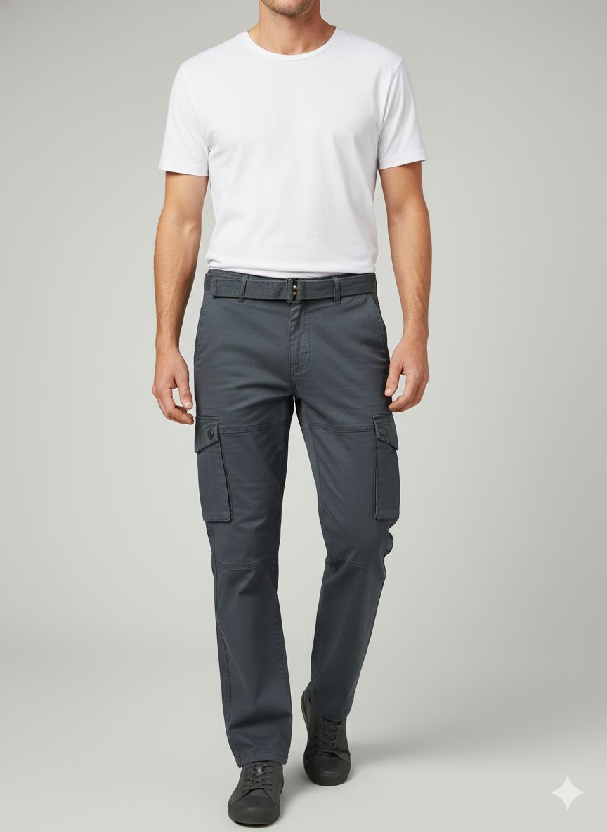 Light blue cargo pants featuring a matching fabric belt