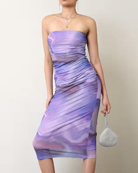 Party Strapless Abstract Ruched Midi Bodycon Dress