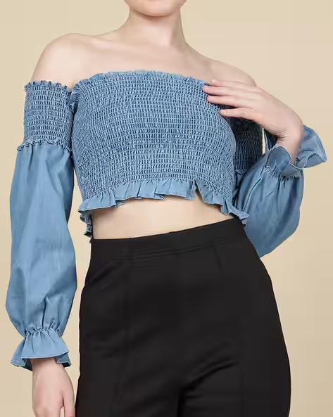 Off Shoulder Flounce Sleeves Smocked Fitted Crop Top