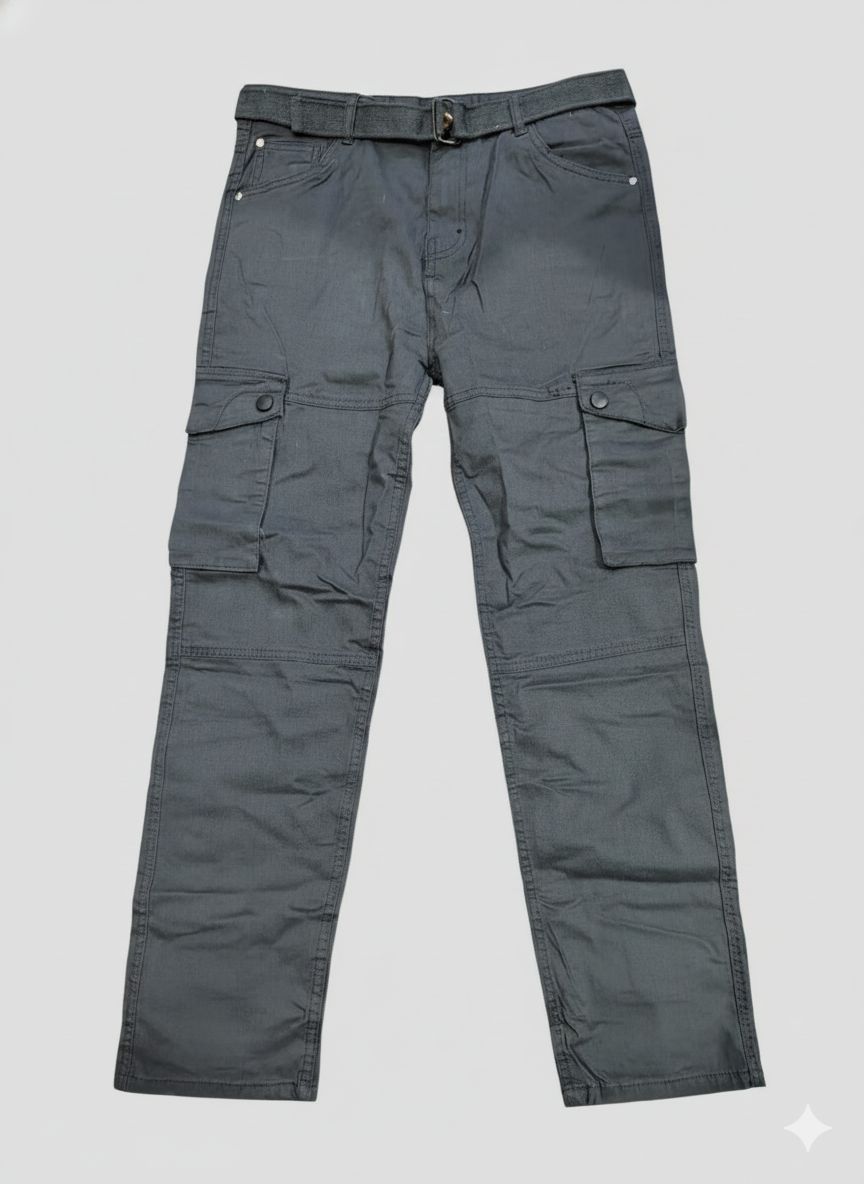 Light blue cargo pants featuring a matching fabric belt