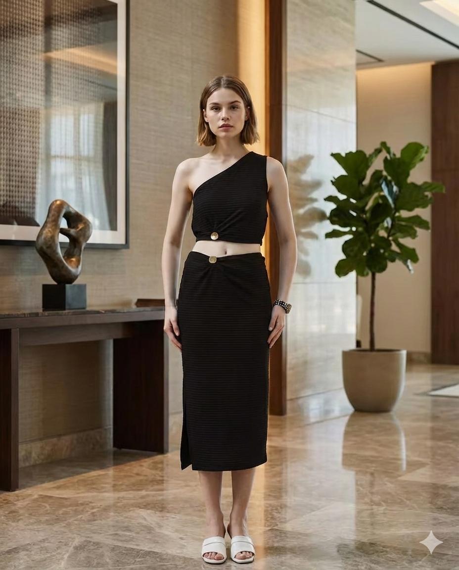 One Shoulder Ring Detail Top With Slit Skirt