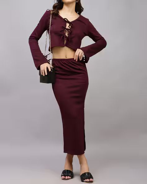 Tie-Up Neck Bell Sleeve Crop Top and Slit Skirt
