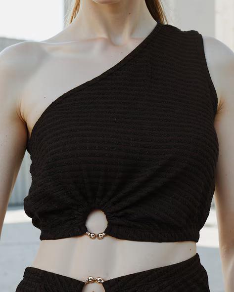 One Shoulder Ring Detail Top With Slit Skirt