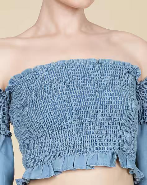 Off Shoulder Flounce Sleeves Smocked Fitted Crop Top