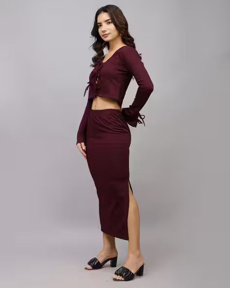 Tie-Up Neck Bell Sleeve Crop Top and Slit Skirt