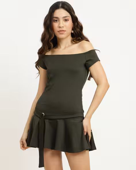 Cute Off Shoulder Short Sleeve Mini Fit and Flare Dress