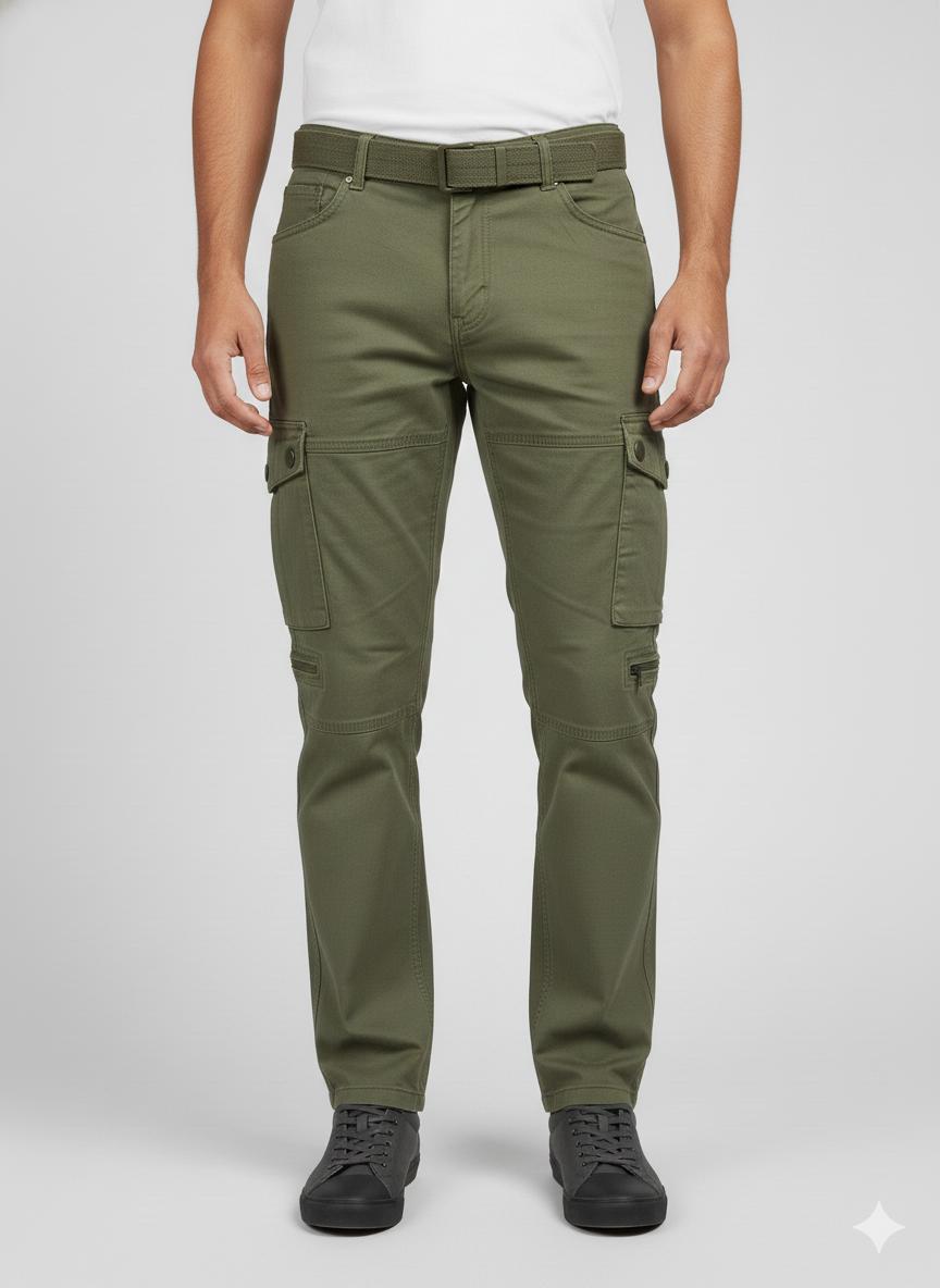 Olive green cargo pants featuring a matching fabric belt