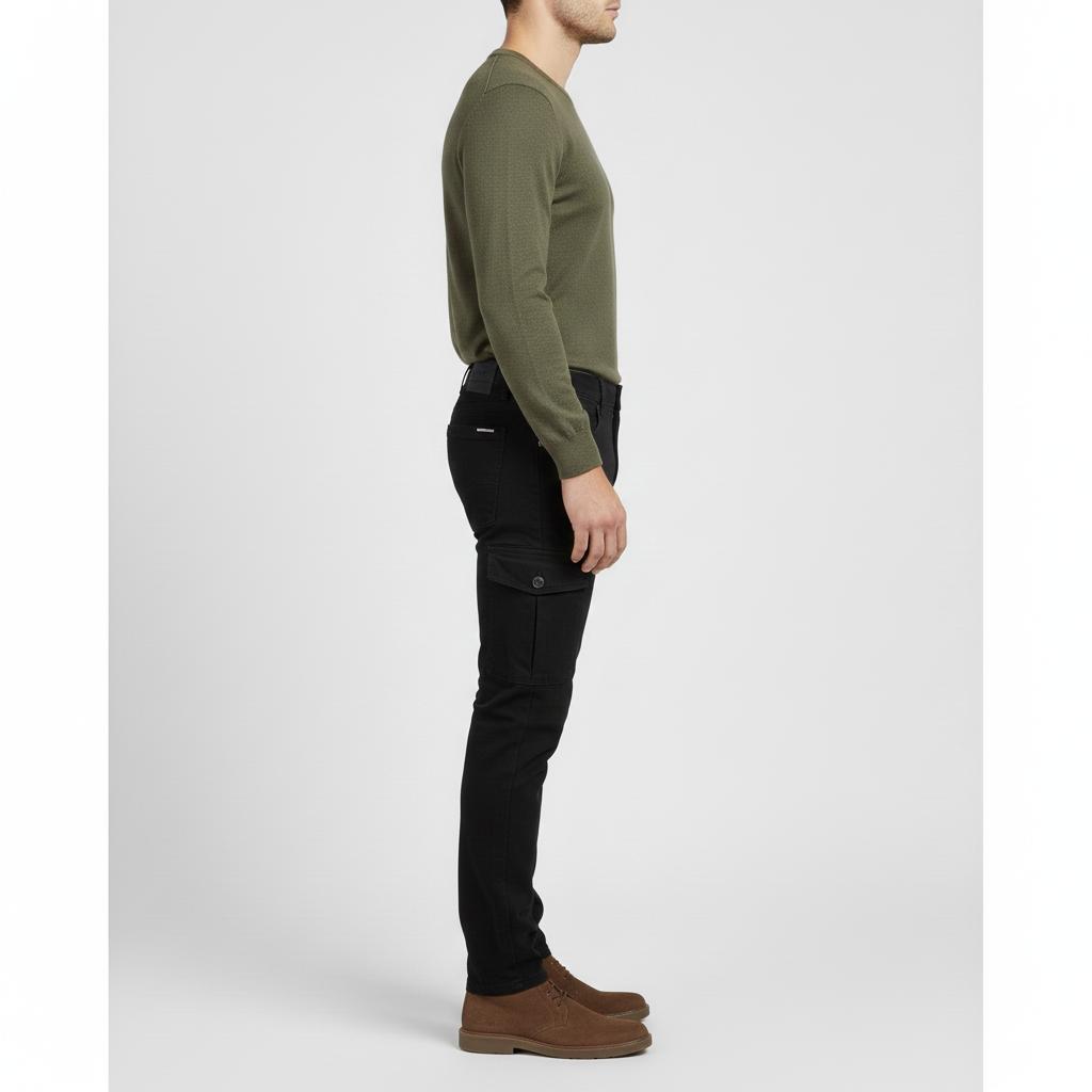 Black cargo pants featuring a matching fabric belt,