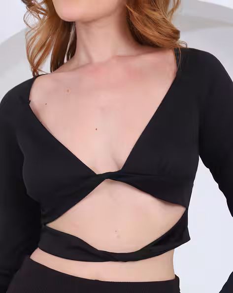 Bold Deep V Neck Twisted Front Cut-Out Detail Crop Top