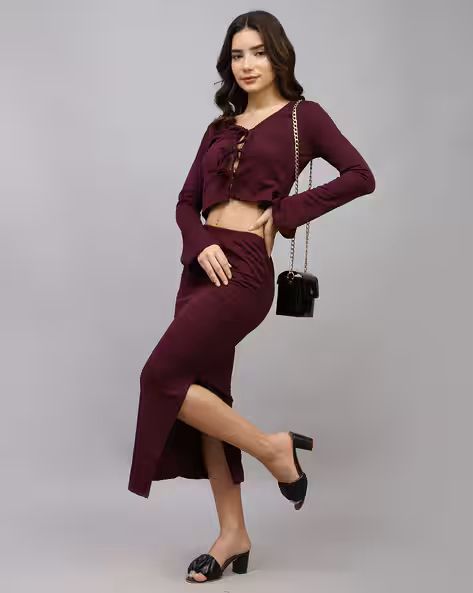 Tie-Up Neck Bell Sleeve Crop Top and Slit Skirt
