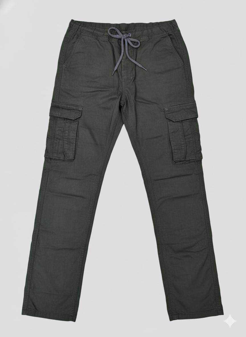 Black cargo pants featuring a matching fabric belt,