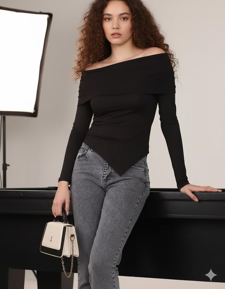 Women’s Black Off-Shoulder Asymmetrical Top – Full Sleeve Slim Fit