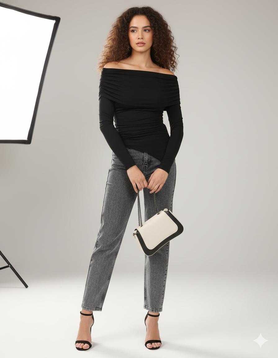 Women’s Black Off-Shoulder Asymmetrical Top – Full Sleeve Slim Fit