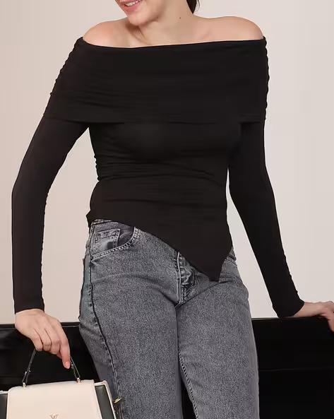 Women’s Black Off-Shoulder Asymmetrical Top – Full Sleeve Slim Fit