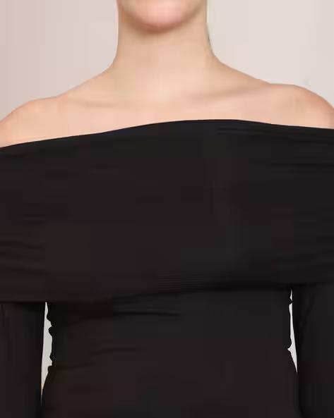 Women’s Black Off-Shoulder Asymmetrical Top – Full Sleeve Slim Fit