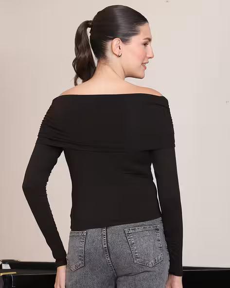 Women’s Black Off-Shoulder Asymmetrical Top – Full Sleeve Slim Fit