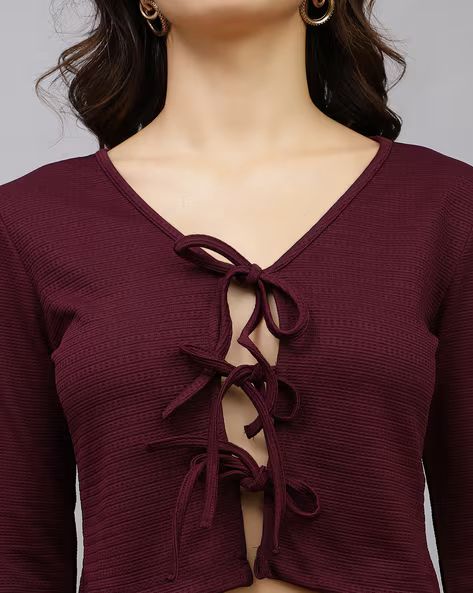 Tie-Up Neck Bell Sleeve Crop Top and Slit Skirt