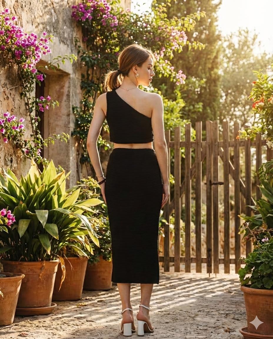 One Shoulder Ring Detail Top With Slit Skirt