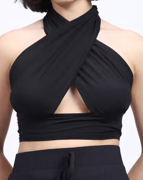 Top Bold Fitted Plunging Halter Neck Backless Crop