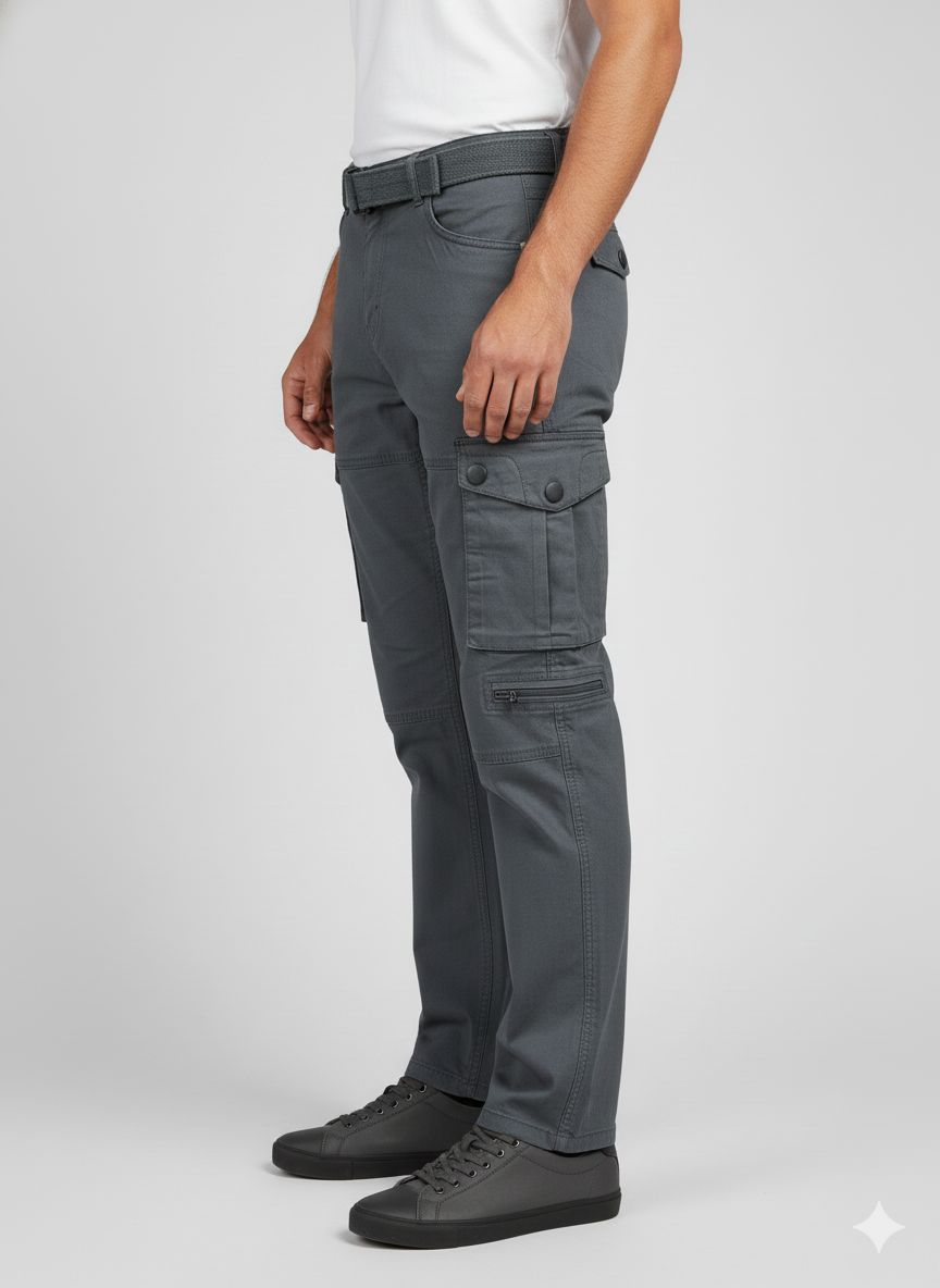 Light blue cargo pants featuring a matching fabric belt