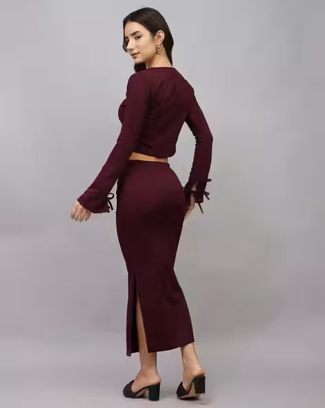 Tie-Up Neck Bell Sleeve Crop Top and Slit Skirt