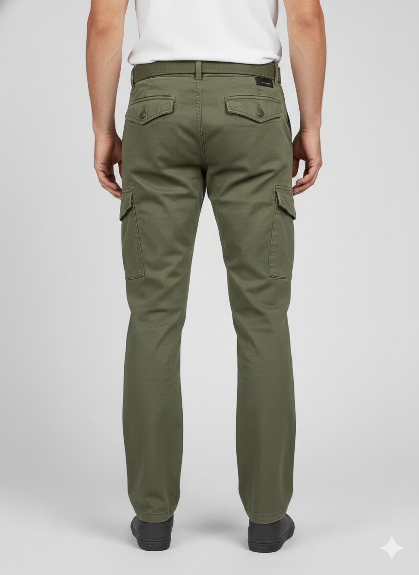 Olive green cargo pants featuring a matching fabric belt