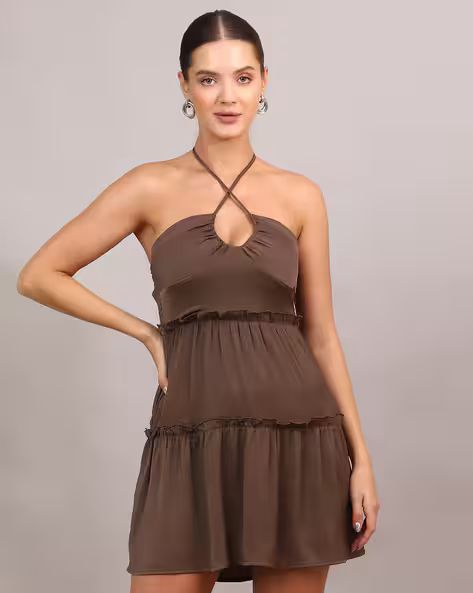 Party Criss-Cross Halter Neck Mini Fit and Flare Dress