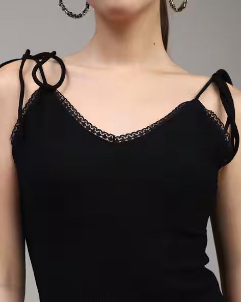 Spaghetti Strap Shoulder Tie-Up Lace Trim Bodycon Dress