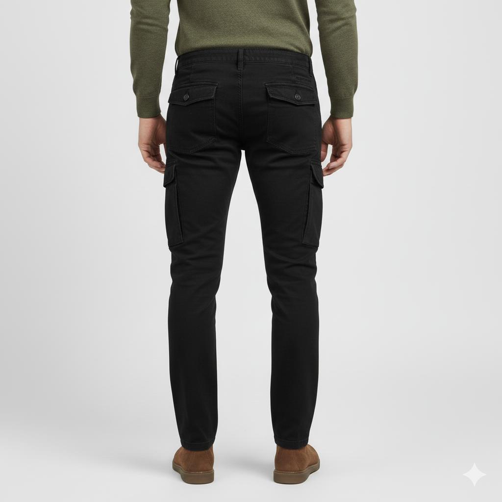 Black cargo pants featuring a matching fabric belt,