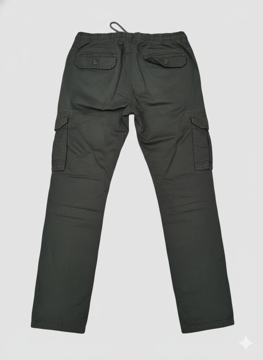 Black cargo pants featuring a matching fabric belt,
